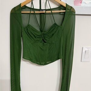 Fashion Nova Emerald Mesh Long Sleeve Blouse
